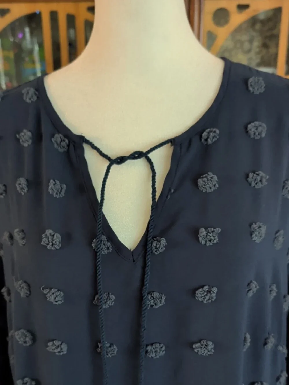 BloomChic Navy Blue Textured Tie-Neck Midi Dress - Picture 2 of 4